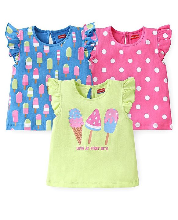 Babyhug Cotton Half Sleeves T-Shirts With Polka Dots & Ice-Cream Graphics Pack of 3 - Multicolor