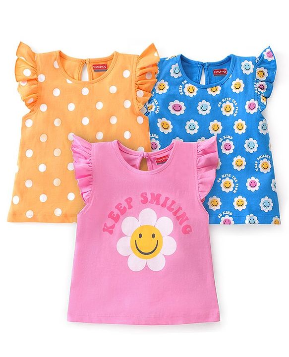 Babyhug Cotton Frill Sleeves Tops With Floral Smiley & Polka Dots Print Pack of 3 - Multicolor