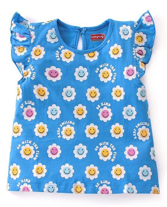 Babyhug Cotton Frill Sleeves Tops With Floral Smiley & Polka Dots Print Pack of 3 - Multicolor