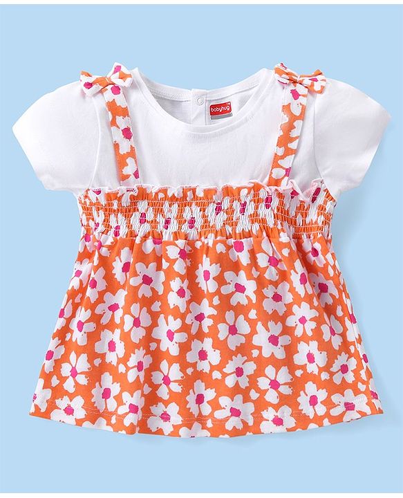 Babyhug Cotton Knit Half  Sleeves Overlap Top with Floral Print & Bow Detailing - White