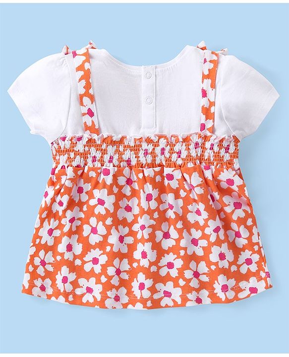 Babyhug Cotton Knit Half  Sleeves Overlap Top with Floral Print & Bow Detailing - White