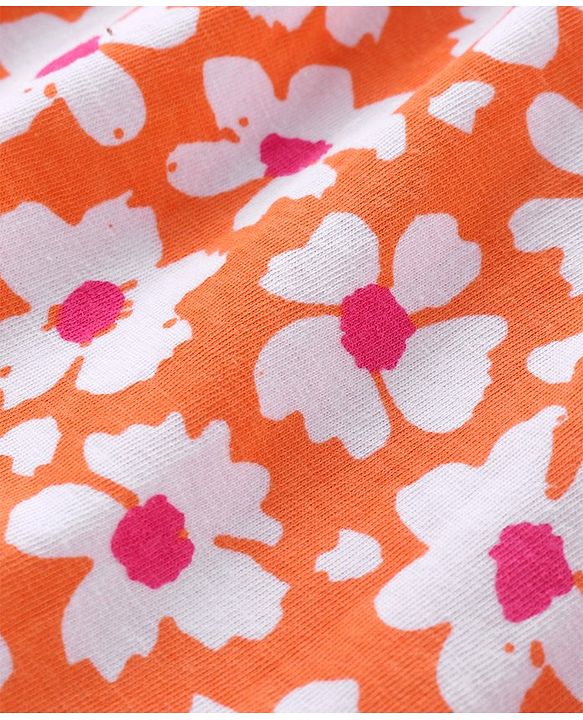 Babyhug Cotton Knit Half  Sleeves Overlap Top with Floral Print & Bow Detailing - White
