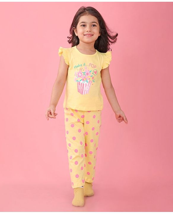 Babyhug Cotton Knit Frill Sleeves Floral Printed Night Suit - Yellow