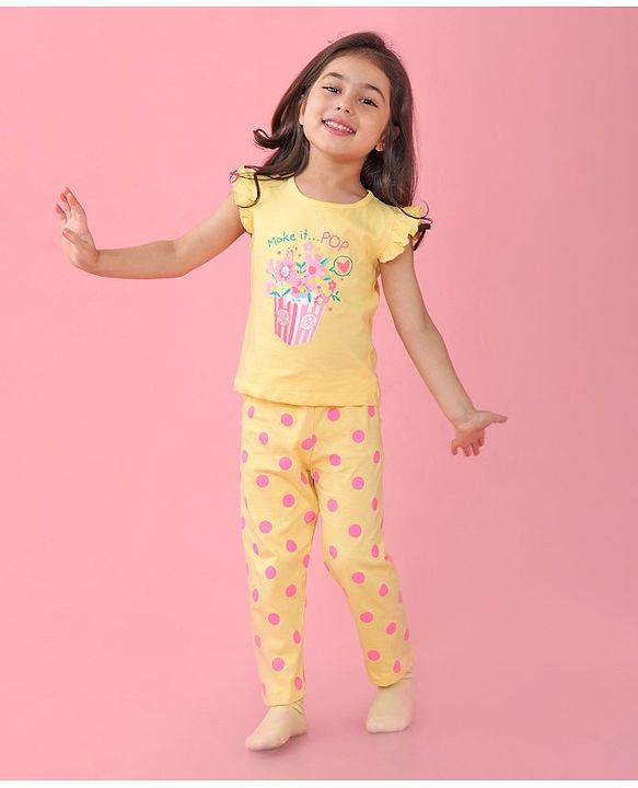Babyhug Cotton Knit Frill Sleeves Floral Printed Night Suit - Yellow