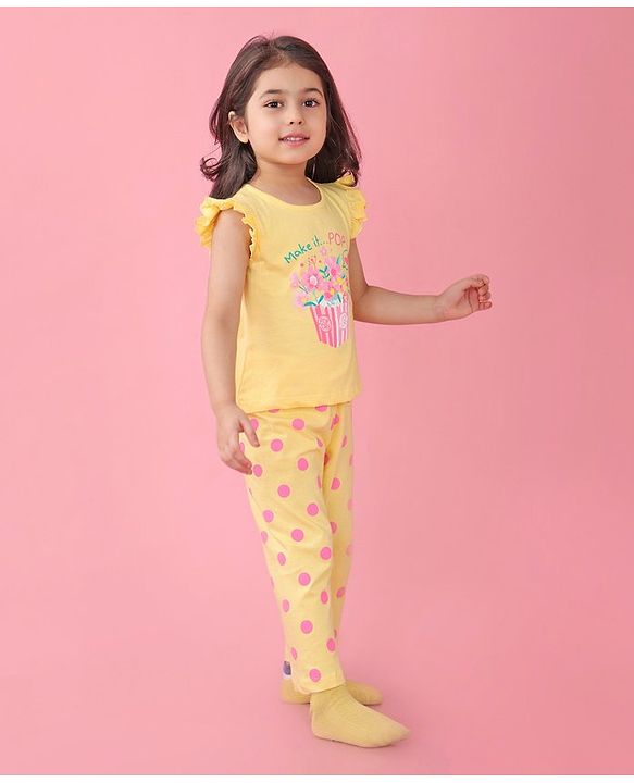 Babyhug Cotton Knit Frill Sleeves Floral Printed Night Suit - Yellow