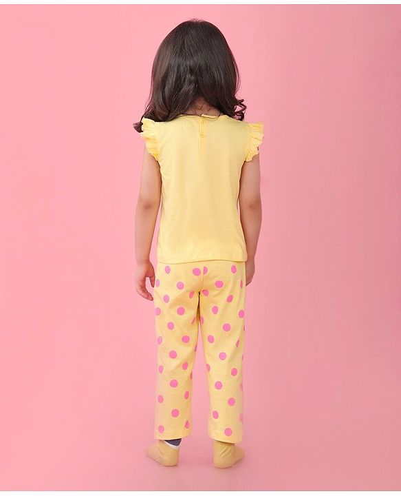 Babyhug Cotton Knit Frill Sleeves Floral Printed Night Suit - Yellow