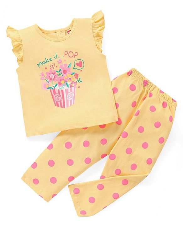 Babyhug Cotton Knit Frill Sleeves Floral Printed Night Suit - Yellow