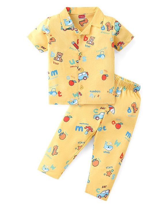 Babyhug Single Jersey Knit Half Sleeves Night Suit with Car & Dino Print - Yellow