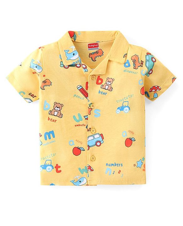 Babyhug Single Jersey Knit Half Sleeves Night Suit with Car & Dino Print - Yellow