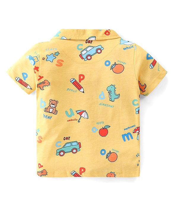 Babyhug Single Jersey Knit Half Sleeves Night Suit with Car & Dino Print - Yellow