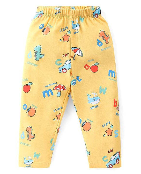 Babyhug Single Jersey Knit Half Sleeves Night Suit with Car & Dino Print - Yellow