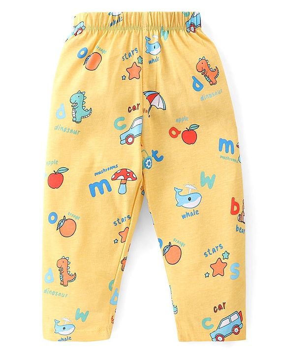 Babyhug Single Jersey Knit Half Sleeves Night Suit with Car & Dino Print - Yellow