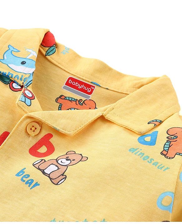 Babyhug Single Jersey Knit Half Sleeves Night Suit with Car & Dino Print - Yellow