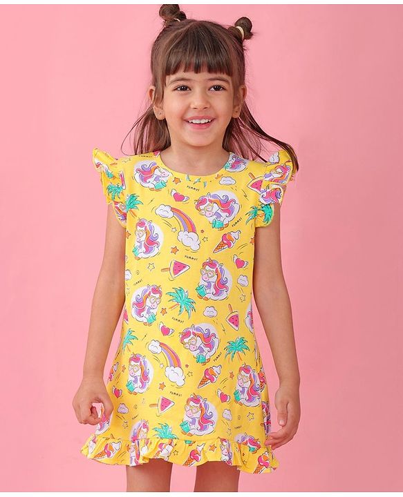 Babyhug Cotton Knit Sleeveless Nighty Unicorn & Watermelon Print - Yellow