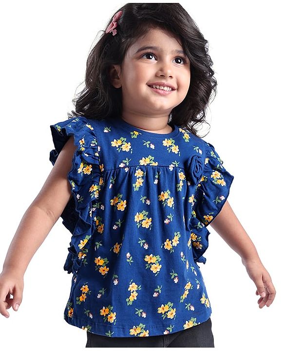 Babyhug Cotton Knit Half Sleeves Top With Floral Print and Frills Detailing - Blue
