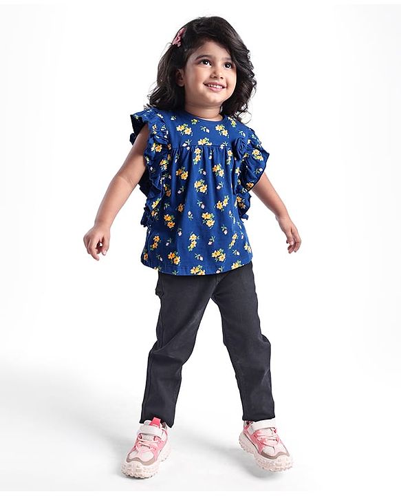 Babyhug Cotton Knit Half Sleeves Top With Floral Print and Frills Detailing - Blue