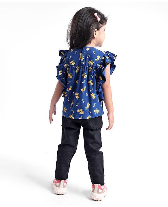 Babyhug Cotton Knit Half Sleeves Top With Floral Print and Frills Detailing - Blue