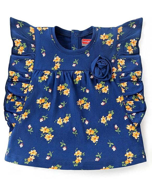 Babyhug Cotton Knit Half Sleeves Top With Floral Print and Frills Detailing - Blue