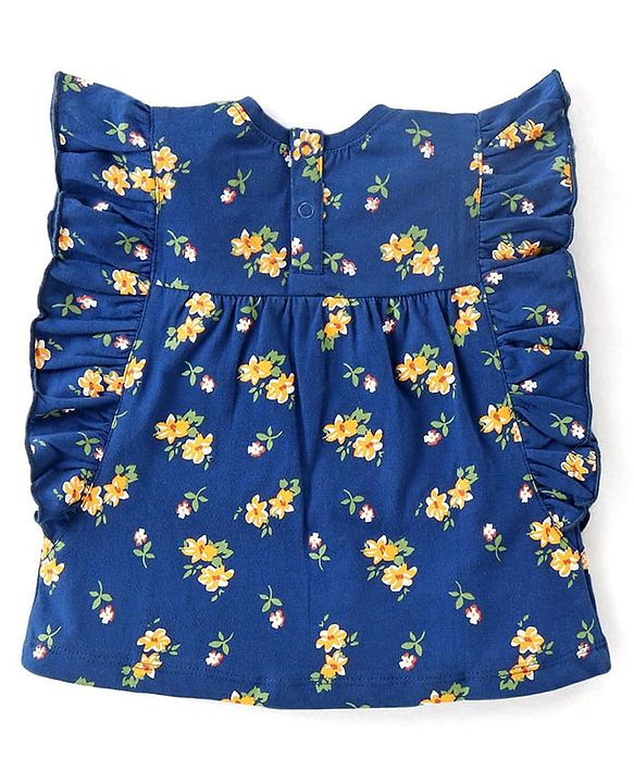 Babyhug Cotton Knit Half Sleeves Top With Floral Print and Frills Detailing - Blue