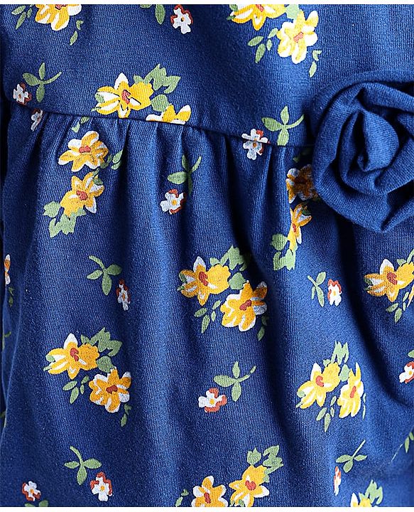 Babyhug Cotton Knit Half Sleeves Top With Floral Print and Frills Detailing - Blue