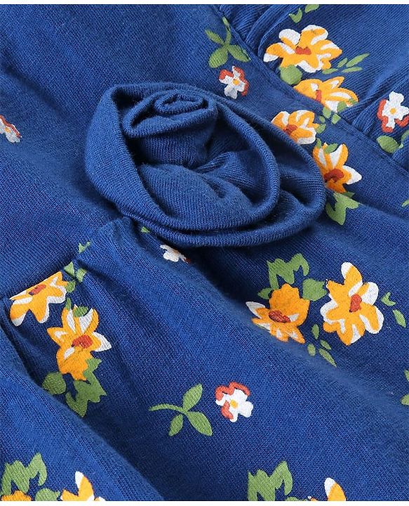 Babyhug Cotton Knit Half Sleeves Top With Floral Print and Frills Detailing - Blue