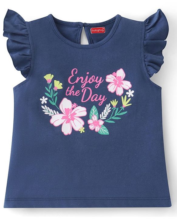 Babyhug Cotton A-Line Frill Sleeves Tops With Floral Graphics & Polka Dot Print Pack of 3 - Navy Pink & Yellow