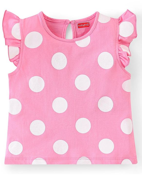 Babyhug Cotton A-Line Frill Sleeves Tops With Floral Graphics & Polka Dot Print Pack of 3 - Navy Pink & Yellow