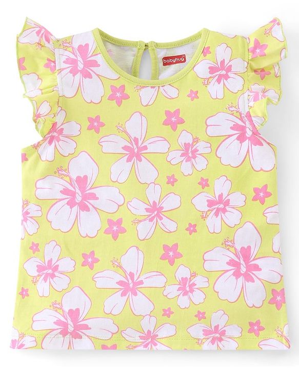 Babyhug Cotton A-Line Frill Sleeves Tops With Floral Graphics & Polka Dot Print Pack of 3 - Navy Pink & Yellow