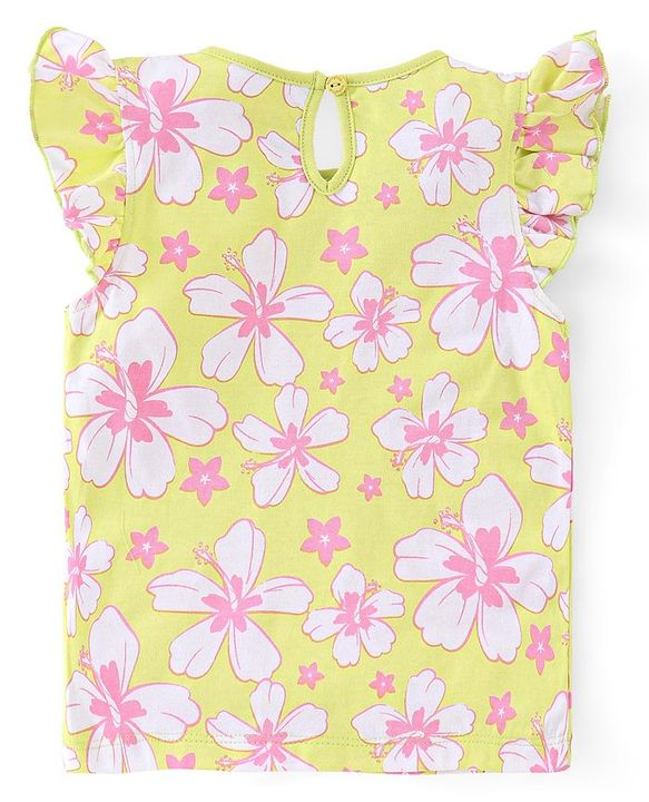 Babyhug Cotton A-Line Frill Sleeves Tops With Floral Graphics & Polka Dot Print Pack of 3 - Navy Pink & Yellow