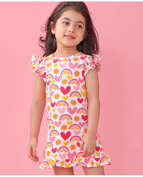 Babyhug Cotton Knit Sleeveless Nighty Heart and Sun Print - Multicolour