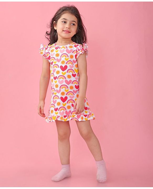 Babyhug Cotton Knit Sleeveless Nighty Heart and Sun Print - Multicolour