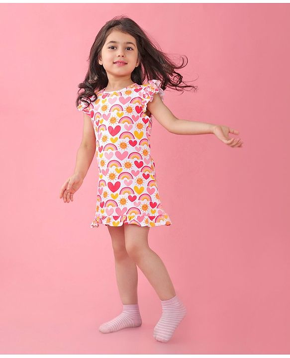 Babyhug Cotton Knit Sleeveless Nighty Heart and Sun Print - Multicolour