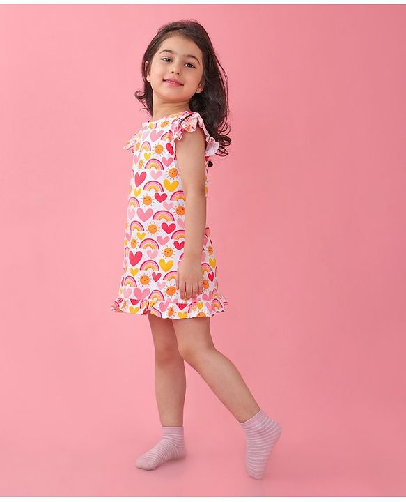Babyhug Cotton Knit Sleeveless Nighty Heart and Sun Print - Multicolour
