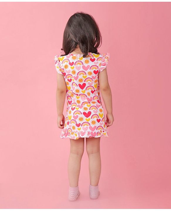 Babyhug Cotton Knit Sleeveless Nighty Heart and Sun Print - Multicolour