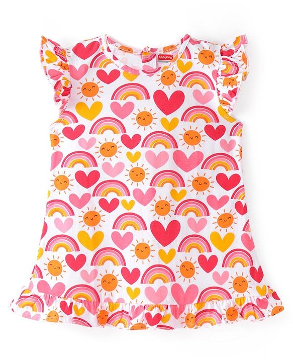 Babyhug Cotton Knit Sleeveless Nighty Heart and Sun Print - Multicolour