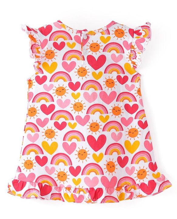 Babyhug Cotton Knit Sleeveless Nighty Heart and Sun Print - Multicolour
