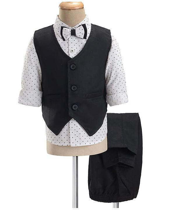 Babyhug Cotton Woven Full Sleeves Party Suit  with Bow  Polka Dots Print -  White & Black