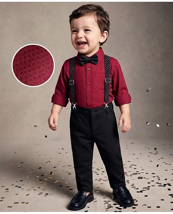 Babyhug Full Sleeves Party Wear Dobby Shirt & Trousers Set with Bow & Suspender - Maroon
