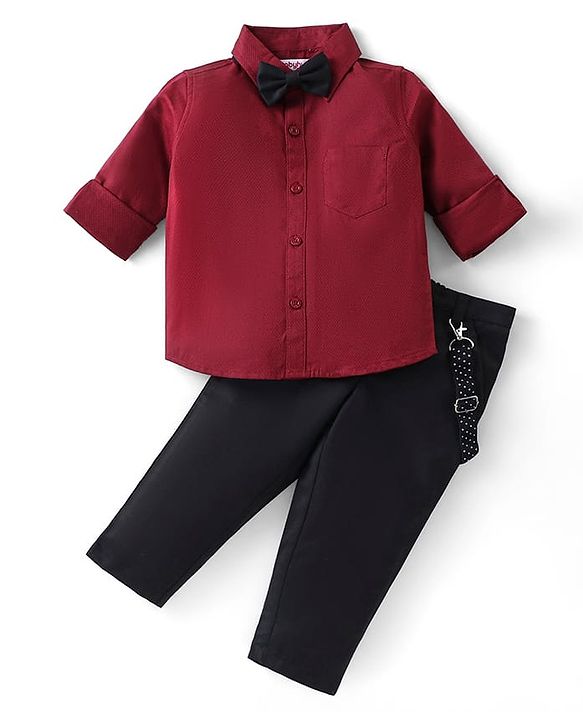 Babyhug Full Sleeves Party Wear Dobby Shirt & Trousers Set with Bow & Suspender - Maroon