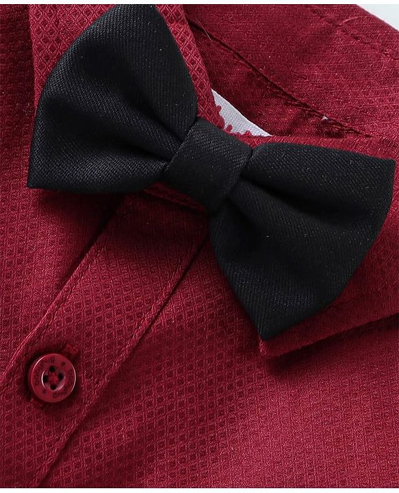 Babyhug Full Sleeves Party Wear Dobby Shirt & Trousers Set with Bow & Suspender - Maroon