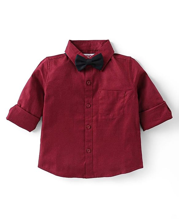 Babyhug Full Sleeves Party Wear Dobby Shirt & Trousers Set with Bow & Suspender - Maroon