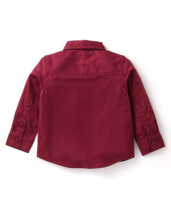 Babyhug Full Sleeves Party Wear Dobby Shirt & Trousers Set with Bow & Suspender - Maroon
