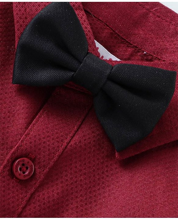 Babyhug Full Sleeves Party Wear Dobby Shirt & Trousers Set with Bow & Suspender - Maroon