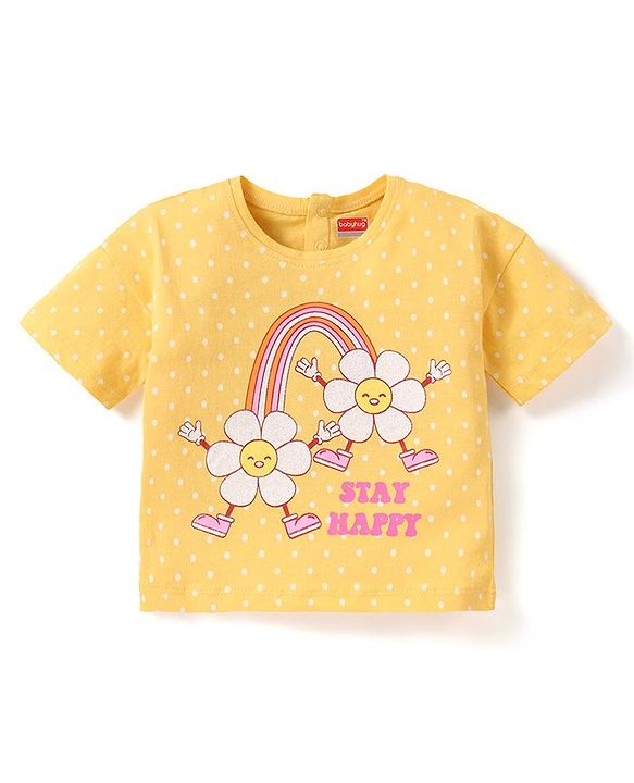 Babyhug Cotton Knit Crop T-Shirt with Drop Shoulder Half Sleeves in Floral Graphics - Yellow
