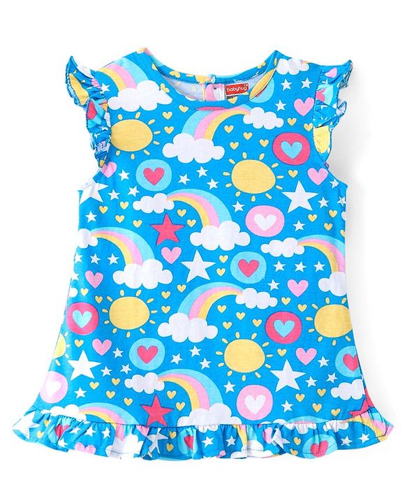 Babyhug Single Jersey Knit Frill Sleeves Nighty with Rainbow & Star Print - Blue