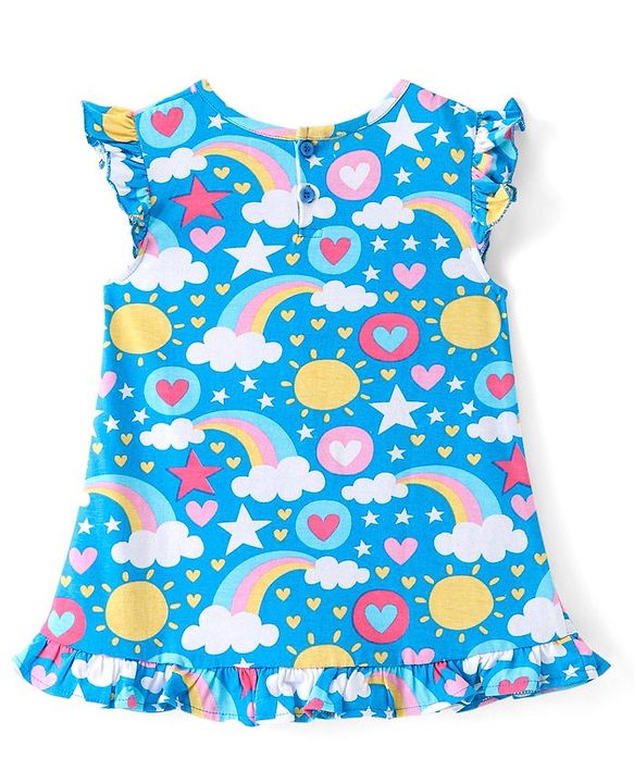 Babyhug Single Jersey Knit Frill Sleeves Nighty with Rainbow & Star Print - Blue