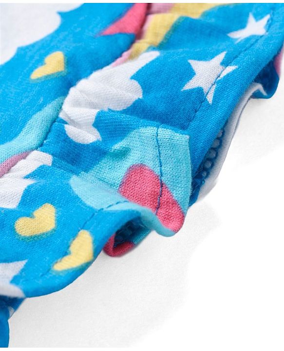 Babyhug Single Jersey Knit Frill Sleeves Nighty with Rainbow & Star Print - Blue