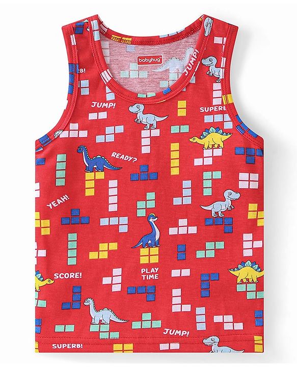 Babyhug 100% Cotton Knit Sleeveless Sando Dino Print - Red
