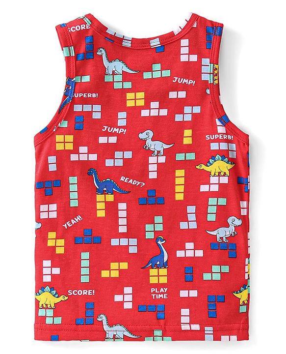 Babyhug 100% Cotton Knit Sleeveless Sando Dino Print - Red