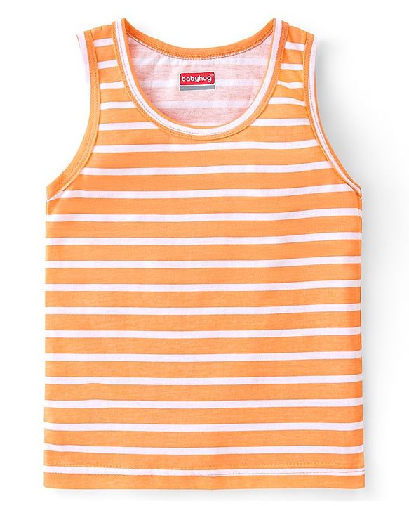 Babyhug 100% Cotton Knit Sleeveless Striped Sando - Orange